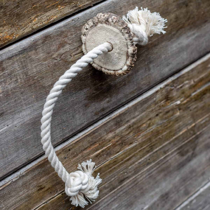 Small Fetch rope toy with a hand-cut elk antler burr on the end