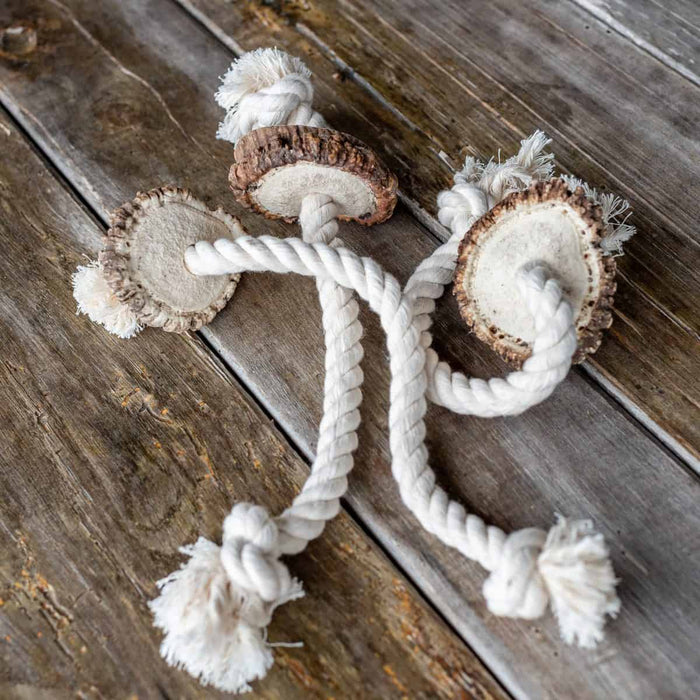 Medium Fetch rope toy with a hand-cut elk antler burr on the end