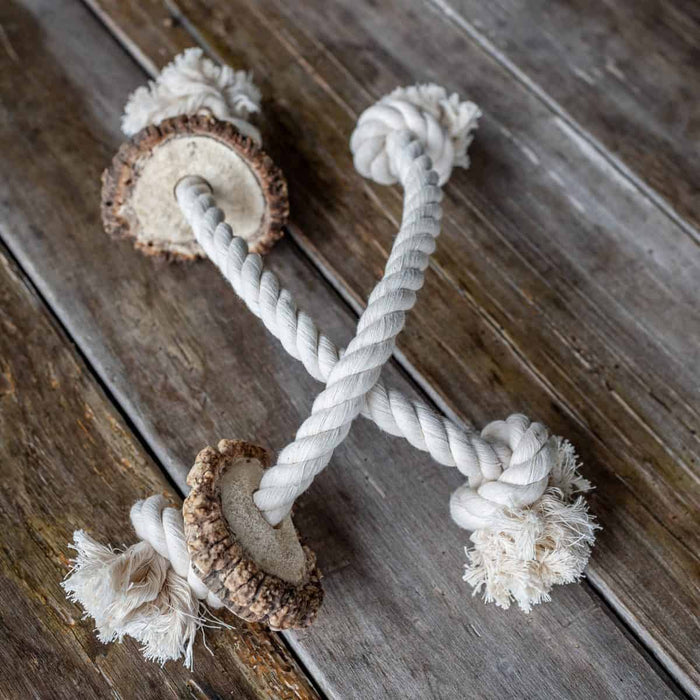Large Fetch rope toy with a hand-cut elk antler burr on the end